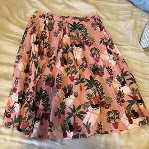 Modcloth Princess Highway Favorite Things Pink Midi Skirt with Cats and Plants